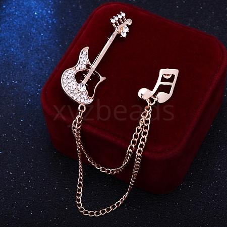 Guitar Musical Note Alloy Crystal Rhinestone Hanging Chain Brooch PW-WG75C60-01-1