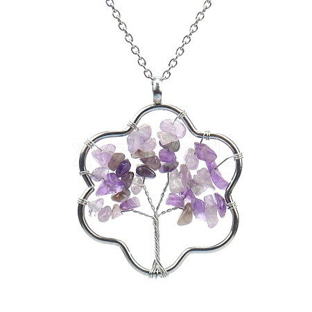 Natural Amethyst Chips Beaded Flower with Tree Pendant Necklaces PW-WG84484-05-1
