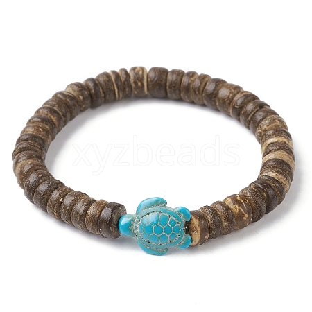 Natural Coconut Disc & Synthetic Turquoise Turtle Beaded Stretch Bracelet BJEW-JB09699-05-1