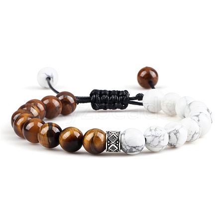 Adjustable Round Natural Howlite & Tiger Eye Braided Bead Bracelets for Women Men GP7384-2-1