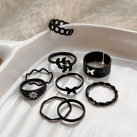 9Pcs Baking Paint Alloy & Iron Butterfly and Flower Finger Rings Sets for Women PW-WG3FDA3-01-1