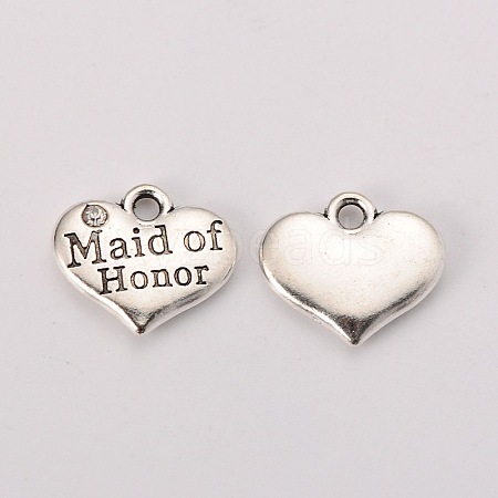 Wedding Theme Antique Silver Tone Tibetan Style Heart with Maid of Honor Rhinestone Charms LS-TIBEP-N005-05B-1