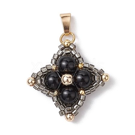 Natural Black Onyx(Dyed & Heated) & Glass Seed Beaded Woven Pendants PALLOY-MZ00365-05-1