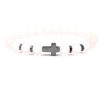 8MM Round Frosted Natural White Jade Beaded Stretch Bracelets with Synthetic Non-magnetic Hematite Cross FA1012-13-1
