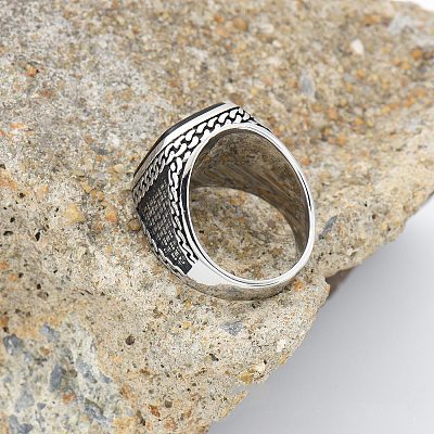 304 Stainless Steel with Natural Black Agate Finger Rings FS-WG67565-04-1