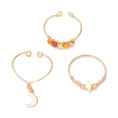 3Pcs Copper Wire Wrapped Natural Carnelian Faceted Round Bead Finger Rings for Women RJEW-JR00887-01-1