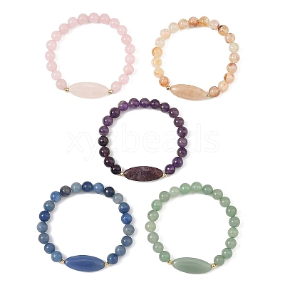 Natural Mixed Stone Round and Oval Beaded Stretch Bracelets BJEW-JB14485-1