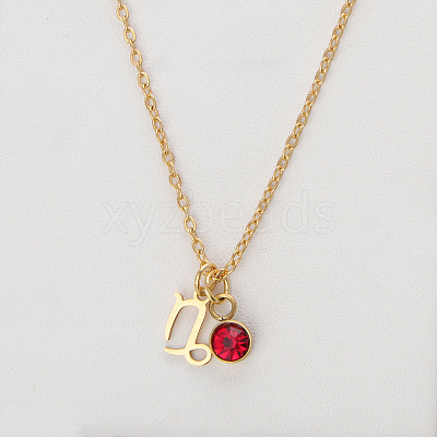 304 Stainless Steel Light Siam Rhinestone Birth Stone Constellation Pendant Necklaces FS-WG76580-01-1