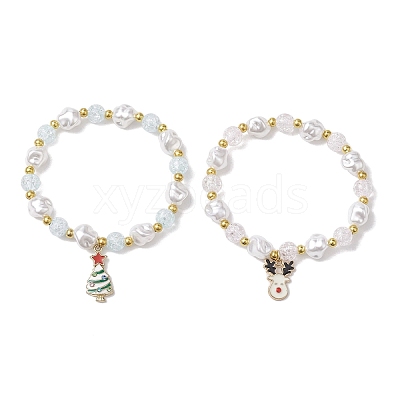 2Pcs 2 Styles Christmas Tree & Deer Alloy Enamel Charm Bracelet Sets BJEW-JB10871-1