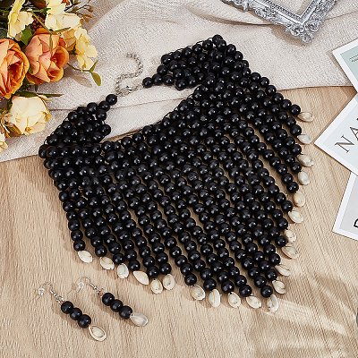 Ethnic Wood Beaded Necklaces & Dangle Earring Sets SJEW-WH0004-11-1