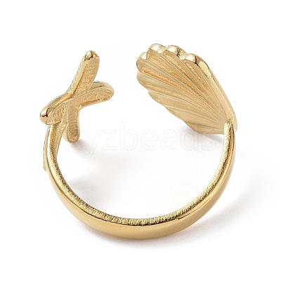Ion Plating(IP) 304 Stainless Steel Shell with Starfish Open Cuff Ring for Women X-RJEW-C046-03G-1