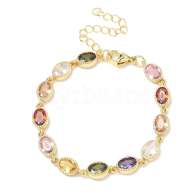 Oval Brass Pave Cubic Zirconia Link Chain Bracelets for Women BJEW-P385-02G-1