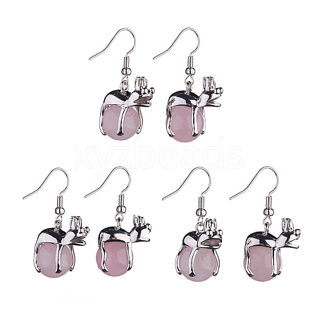 Natural Rose Quartz Frog Dangle Earrings EJEW-A092-13P-06-1