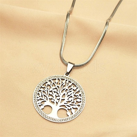 304 Stainless Steel Flat Round with Tree of Life Pendant Necklaces NJEW-S007-16P-1