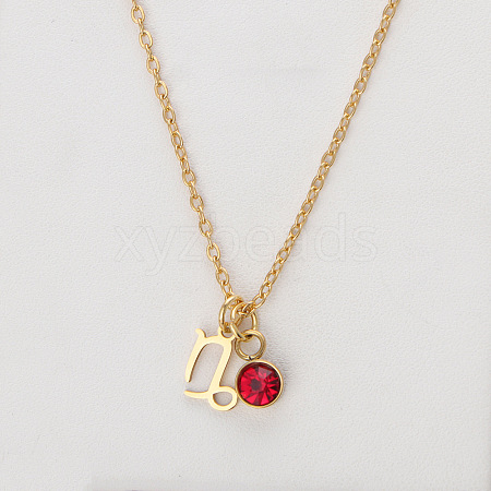 304 Stainless Steel Light Siam Rhinestone Birth Stone Constellation Pendant Necklaces FS-WG76580-01-1