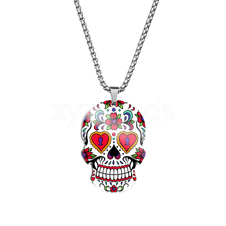 Non-Tarnish Stainless Steel Skull with Flower Pendant Necklaces SKUL-PW0001-138E-1