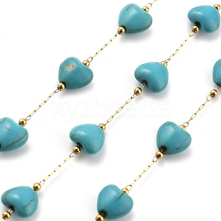 Synthetic Turquoise & 304 Stainless Steel Beads Link Chains CHS-K021-02G-1