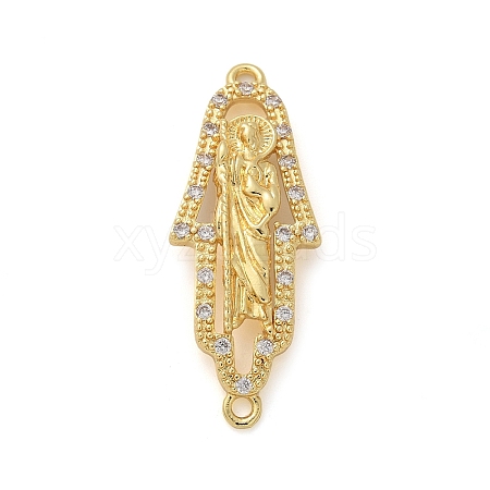 Brass Micro Pave Clear Cubic Zirconia Hamsa Hand with Saint Jude Connector Charms KK-M319-14G-1