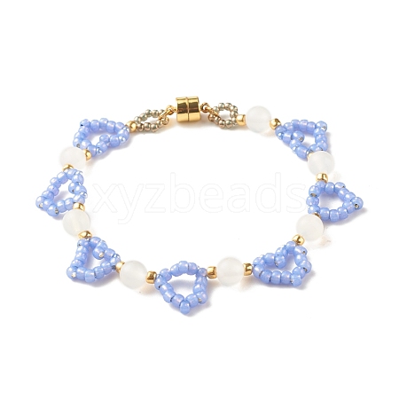 Glass Seed & Natural Agate Beaded Bracelet with Brass Magnetic Clasp BJEW-JB07803-03-1