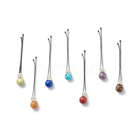 Eco-Friendly Copper Wire Wrapped Round Gemstone Hair Bobby Pin OHAR-JH00025-02-1