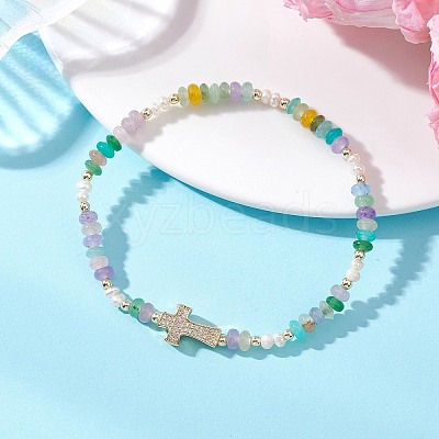 Brass Micro Pave Clear Cubic Zirconia Cross & Natural Pearl & White Jade Rondelle Beads Stretch Bracelets for Women BJEW-JB13114-1
