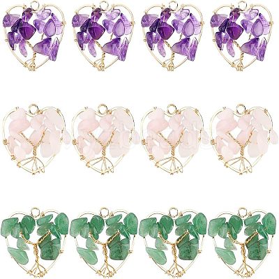 6Pcs 3 Styles Chakra Natural Gmestone Copper Wire Big Pendants FIND-FH0004-66-1