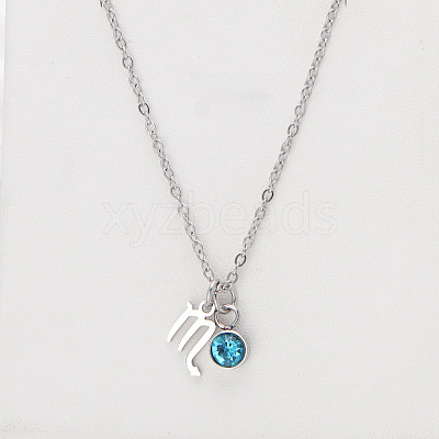 304 Stainless Steel Aquamarine Rhinestone Birth Stone Constellation Pendant Necklaces FS-WG76580-24-1