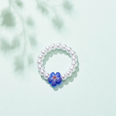 Plastic Imitation Pearl & Millefiori Glass Beaded Finger Ring for Women RJEW-JR00484-1