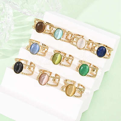 304 Stainless Steel with Glass Cat Eye Cuff Rings for Women RJEW-K309-40C-1