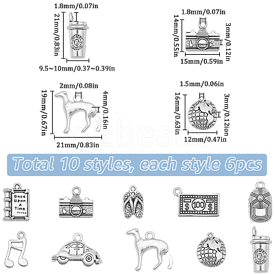 60Pcs 10 Styles Tibetan Style Alloy Pendants FIND-SC0010-72-1