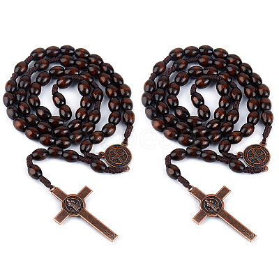 2Pcs Zinc Alloy & Wood Jesus Cross Rosary Bead Necklaces NJEW-DC0001-14-1