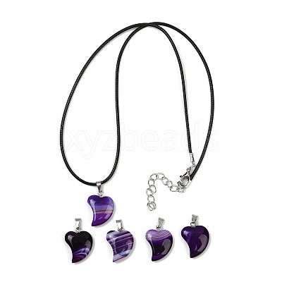 Dyed Natural Banded Agate Heart Pendant Necklaces NJEW-G166-01B-1