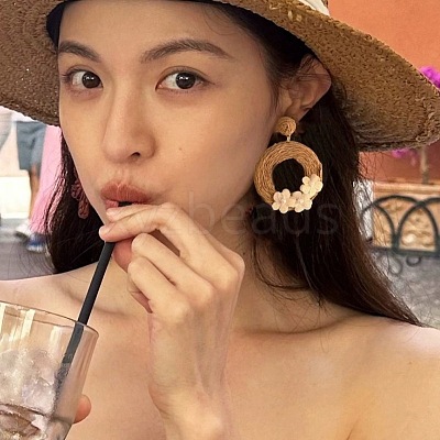 Bohemian Style Raffia & Cloth Dangle Stud Earrings FS-WG07AB6-01-1