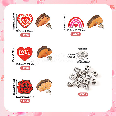 40Pcs 4 Style Valentine's Day Theme Natural Wood Stud Earrings EJEW-TA0001-27-1