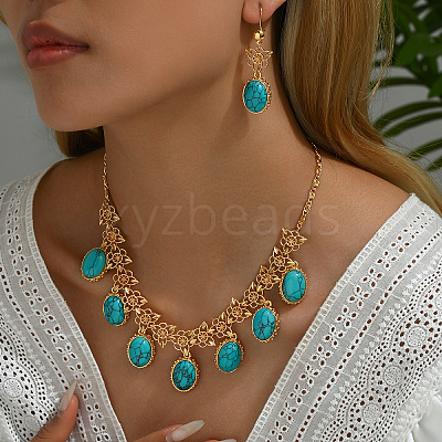 Middle Eastern Synthetic Turquoise & Alloy Oval Pendant Necklace & Earrings Sets for Wedding AL5666-1