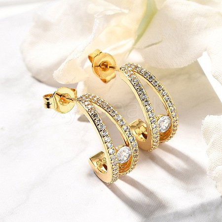 C-Shaped Brass Micro Pave Clear Cubic Zirconia Stud Earrings EJEW-C126-08G-1