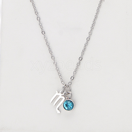 304 Stainless Steel Aquamarine Rhinestone Birth Stone Constellation Pendant Necklaces FS-WG76580-24-1