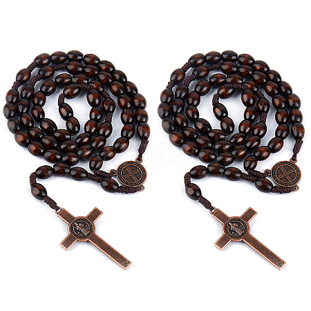 2Pcs Zinc Alloy & Wood Jesus Cross Rosary Bead Necklaces NJEW-DC0001-14-1