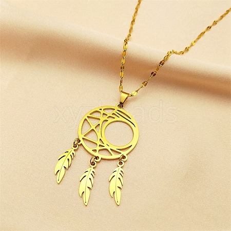 Woven Net/Web with Feather 304 Stainless Steel Boho Pendant Necklaces for Women NJEW-G087-09G-1