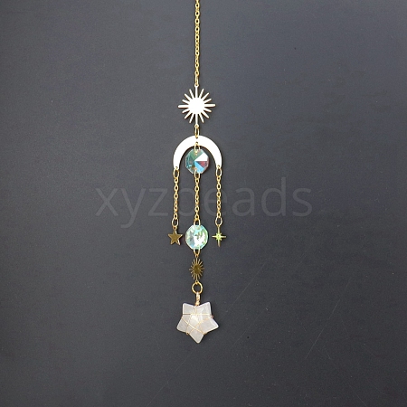 Natural Quartz Crystal Star Sun Catcher Hanging Ornaments with Brass Sun HJEW-PW0002-13A-1