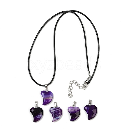 Dyed Natural Banded Agate Heart Pendant Necklaces NJEW-G166-01B-1