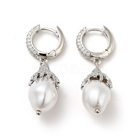 ABS Imitation Pearls Drop Dangle Hoop Earrings with Clear Cubic Zirconia EJEW-F288-02P-1