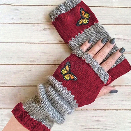 Acrylic Fibers Butterfly Pattern Knitting Fingerless Gloves PW-WGC22F5-04-1