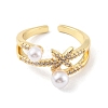 Clear Cubic Zirconia Star Open Cuff Ring with Plastic Pearl Beaded RJEW-C058-01G-2