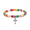 Synthetic Turquoise(Dyed) & Acrylic Beaded Stretch Bracelet with Alloy Charm for Women BJEW-JB08627-01-1