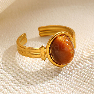 304 Stainless Steel with Imitation Tiger Eye Resin Cuff Open Rings WG4683E-01-1