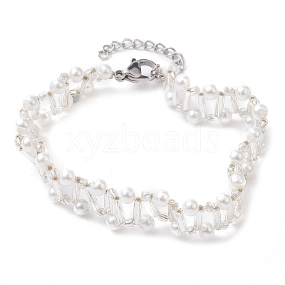Imitated Pearl Acrylic & Glass Beaded Bracelets with 304 Stainless Steel Lobster Claw Clasps for Women BJEW-JB10199-02-1