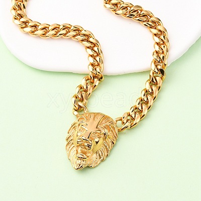 304 Stainless Steel Lion Head Pendant Cuban Link Chain Necklaces NJEW-C099-05G-1