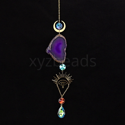 Natural Amethyst Piece & Metal Evil Eye Moon Hanging Ornaments PW-WG66301-03-1