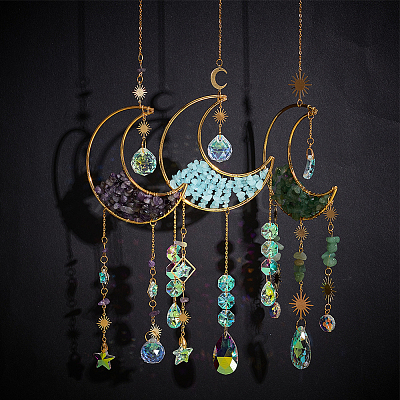 1Pc Alloy & Natural Gemstone Chips Moon Hanging Ornaments HJEW-BBC0001-17B-1